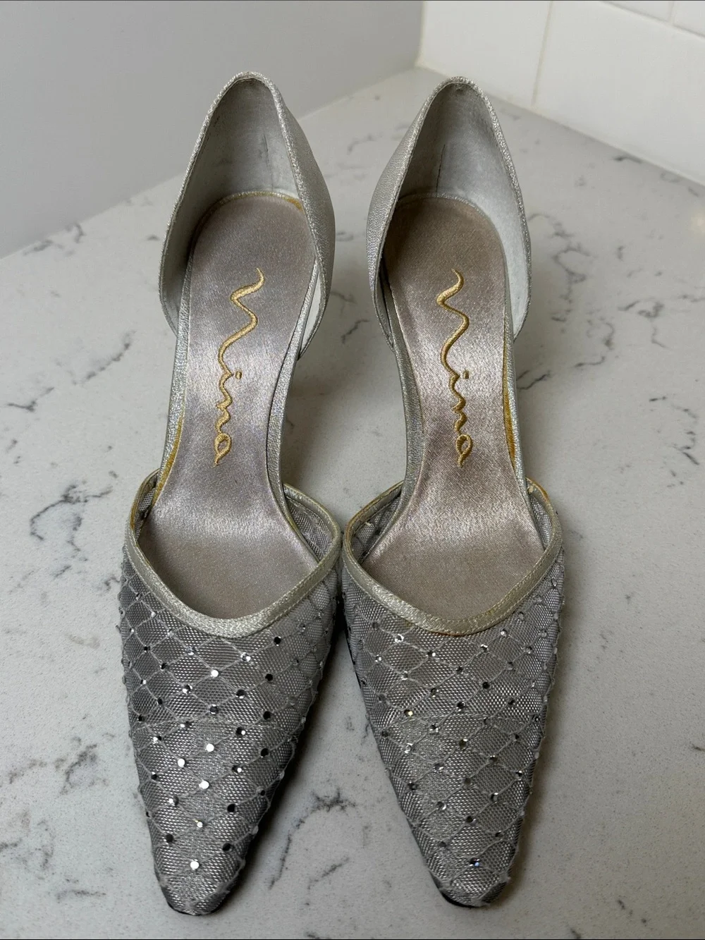 Nina Silver Rhinestone Quilted Pointed-Toe D'Orsay Heels Size 6